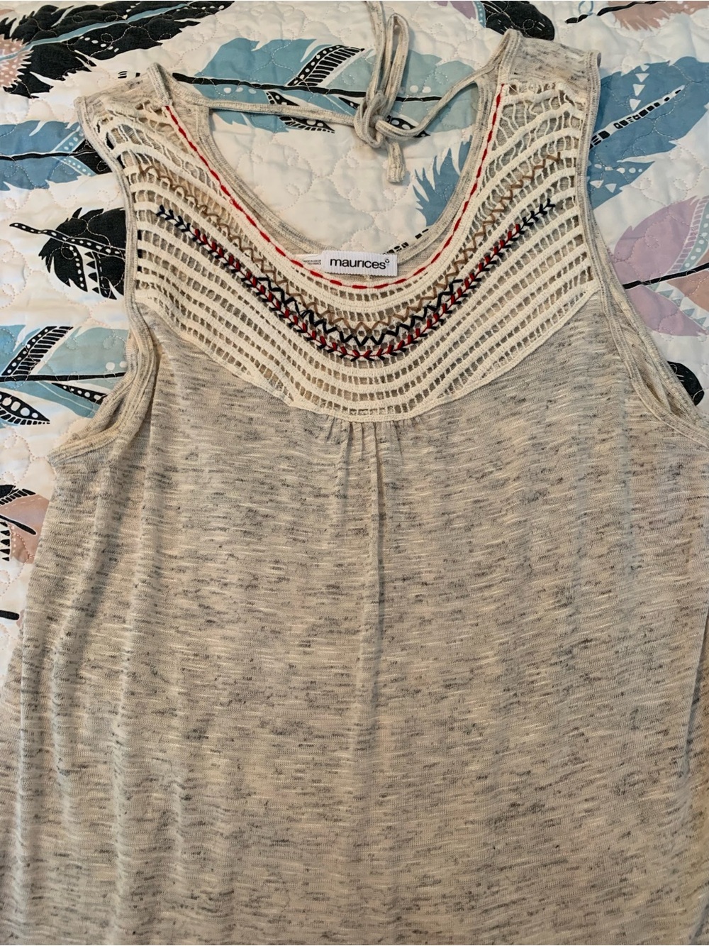 Maurices Cream Knit Tank with Crochet Yoke and Red & Navy Accents
